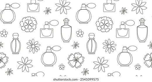 Linear perfume bottles and flowers seamless pattern. Beautiful woman fragrances, essence, toiletry flask. Feminine line art. Outline background, wallpaper, digital paper. Vector.