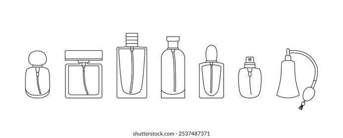 Linear perfume bottles set. Fragrance, essence, toiletry flask. Women's perfume with different scents. Line art. Editable stroke. Sign, logo, symbol. Vector isolated on white.