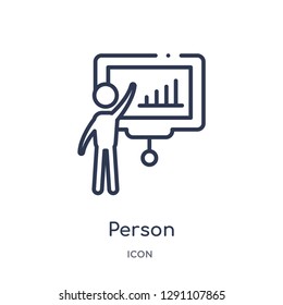 Linear person explaining strategy icon from Business and analytics outline collection. Thin line person explaining strategy vector