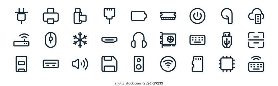 linear personal computer icon pack. vector thin line chip, printer, card reader, earbud, hdmi, scanner, speaker, wireless keyboard icons suitable for apps and websites ui designs