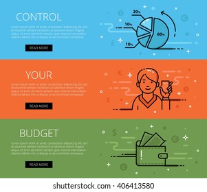 Linear personal finance web banners vector set. Line diagram, man avatar with calculator, purse and banknotes. Design set of graphic outline banners illustration