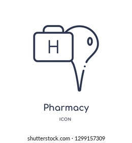 Linear pharmacy icon from Maps and locations outline collection. Thin line pharmacy icon isolated on white background. pharmacy trendy illustration