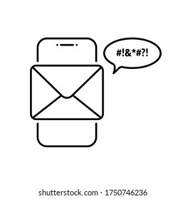 linear phone with negative message icon. concept of anger, unacceptable behavior and aggressive mood in correspondence, secret or encrypted sms, unwanted spam. simple sign isolated on white background