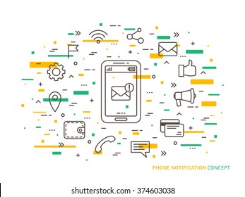 Linear Phone Notification (mail, call, message, note) vector illustration. Phone Notification (mobile technology) creative concept. Phone Notification (information) graphic design.
