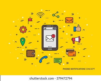 Linear Phone Notification (mail, call, message, note) colorful vector illustration. Phone Notification (mobile technology) creative concept. Phone Notification (information) graphic design.
