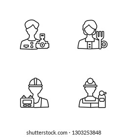 Linear Photographer, Electrician, Gardener, Fire extinguisher Vector Illustration Of 4 outline Icons. Editable Pack Of Photographer, Electrician, Gardener, Fire extinguisher