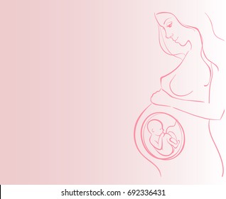 Linear picture of a beautiful pregnant girl. Child in the womb. White background, vector illustration