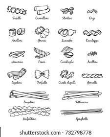 Linear pictures of classical italian food. Different types of pasta. Food italian assortment, farfalle and cannelloni, stortini and anellini spaghetti icons, vector illustration