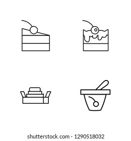 Linear Piece of Cheese, Cake Box, Cake Piece with Cream, Yogurt with Spoon Vector Illustration Of 4 outline Icons. Editable Pack Of Piece of Cheese, Cake Box, Cake Piece with Cream, Yogurt with Spoon