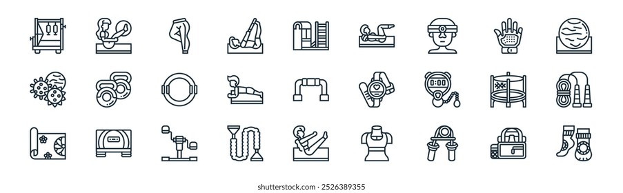 linear pilates icon pack. vector thin line sport bag, exercise ball, leggings, gloves, plank, jumping rope, pilates, socks icons suitable for apps and websites ui designs