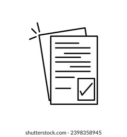 linear pile of license or contract documents. concept of doc checkup with approve seal or correct pact. contour flat trend modern research logo art graphic design isolated on white background