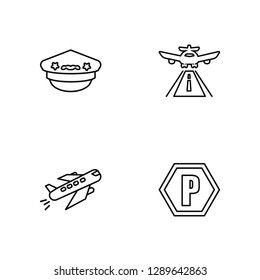 Linear Pilot Hat, Departures Flights, Plane Front View, Parking Square Vector Illustration Of 4 outline Icons. Editable Pack Of Pilot Hat, Departures Flights, Plane Front View, Parking Square