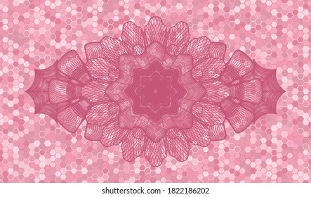 Linear pink color tile mosaic realistic badge. Geometric hexagon chic background. Illustration. 