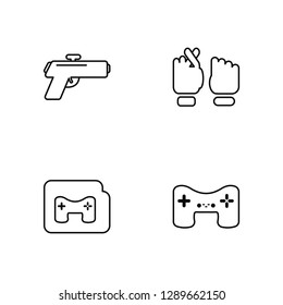 Linear Pistol, Folder, Paper, Game Vector Illustration Of 4 outline Icons. Editable Pack Of Pistol, Folder, Paper, Game
