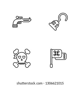 Linear Pistol, Skull, Hook, Flag Vector Illustration Of 4 outline Icons. Editable Pack Of Pistol, Skull, Hook, Flag