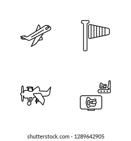 Linear Plane Flying, Old Plane, Right Wing, Airport X Ray Machine Vector Illustration Of 4 outline Icons. Editable Pack Of Plane Flying, Old Plane, Right Wing, Airport X Ray Machine