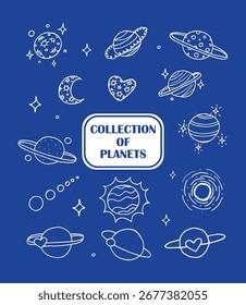 Ilustración de planetas lineales doodle icono colección en un azul