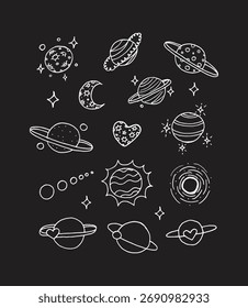 Lineare Planeten, Illustration, Doodle-Symbol auf schwarzem Hintergrund