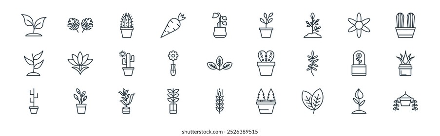 linear plants icon pack. vector thin line flower bud, philodendron, cactus, amaryllis, flower, aloe vera, wheat, golden pothos icons suitable for apps and websites ui designs