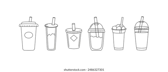 Linear plastic cups and glasses for drinks. Take-away beverages and refreshments. Tableware, glassware. Line art sketch and doodle, icon. Vector isolated on white.