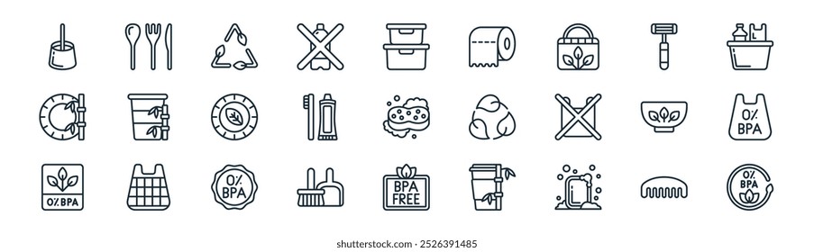 linear plastic free icon pack. vector thin line comb, cutlery, recycle, razor, toothbrush, plastic bag, bpa, bpa icons suitable for apps and websites ui designs