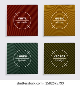 Linear plate music album covers collection. Halftone lines backgrounds. Trendy plate music records covers, vinyl album mockups. DJ records disc vector mockups. Posters material design.