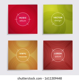 Linear plate music album covers collection. Semicircle curve lines patterns. Flat plate music records covers, vinyl album mockups. DJ records disc vector mockups. Techno party posters.