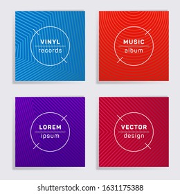 Linear plate music album covers collection. Halftone lines backgrounds. Colorful plate music records covers, vinyl album mockups. DJ records disc vector mockups. Banners flyers cards set.