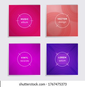 Linear plate music album covers collection. Semicircle curve lines patterns. Dynamic plate music records covers, vinyl album mockups. DJ records geometric layouts. Techno party posters.