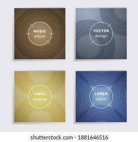 Linear plate music album covers collection. Semicircle curve lines patterns. Flat plate music records covers, vinyl album mockups. DJ records disc vector mockups. Techno party posters.