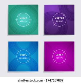 Linear plate music album covers collection. Semicircle curve lines patterns. Tech plate music records covers, vinyl album mockups. DJ records geometric layouts. Techno party posters.