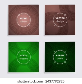 Linear plate music album covers collection. Semicircle curve lines patterns. Tech plate music records covers, vinyl album mockups. DJ records disc vector mockups. Flyer gradient patterns.