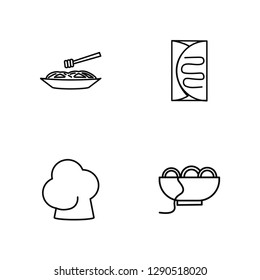 Linear Plate of Spaghetti, Chef Hat, Crepe and cream, Spaghetti Bolognese Vector Illustration Of 4 outline Icons. Editable Pack Of Plate of Spaghetti, Chef Hat, Crepe and cream, Spaghetti Bolognese