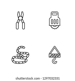 Linear Pliers, Rope, Saw, Hook Vector Illustration Of 4 outline Icons. Editable Pack Of Pliers, Rope, Saw, Hook