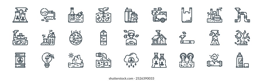 linear pollution icon pack. vector thin line gas leak, chemical, plastic bottle, landfill, battery, dry tree, acid rain, aerosol icons suitable for apps and websites ui designs