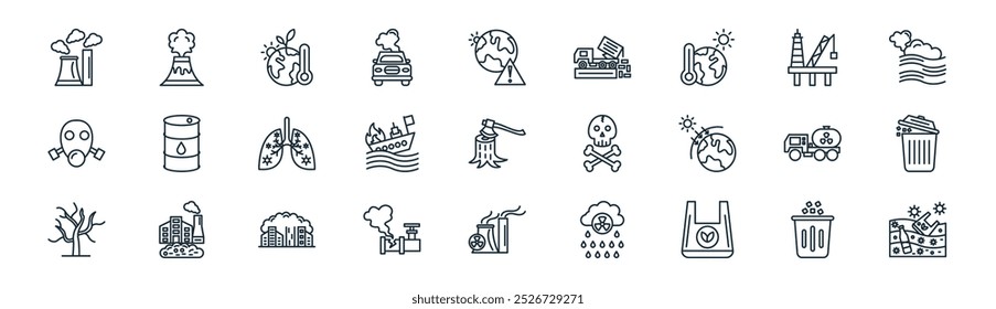 linear pollution icon pack. vector thin line litter, volcano, climate change, oil platform, ship, trash, nuclear energy, ocean icons suitable for apps and websites ui designs