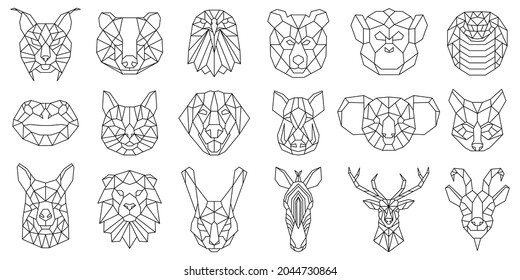 Linear polygonal animal bear, snake, dog geometric heads. Low poly animals faces, boar, llama, lynx and koala vector illustration set. Polygonal animal portraits geometric, animal snake, bear origami