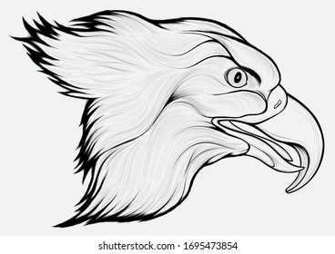 Linear portrait of a flying eagle with its mouth open. Vector image of a hunting hawk.