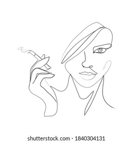 
Linear portrait of a girl with a cigarette, portrait of a single line woman with a cigarette in hand, silhouette of a woman, vector illustration.