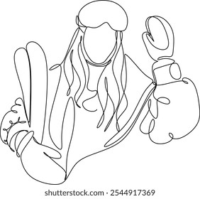 Linear portrait of a girl with skis. Winter sport. Vector illustration is hand drawn without artificial intelligence