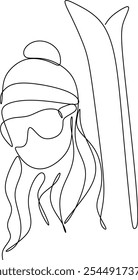 Retrato linear de uma menina com esquis. Esporte de inverno. A ilustração vetorial é desenhada à mão sem inteligência artificial