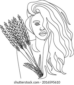 Linear portrait of a girl. Wheat ears and a girl. Portrait in the style of minimalism. Botanical print. Cosmetics nature symbol. Continuous line of contemporary art. Fashionable print. Beauty salon lo