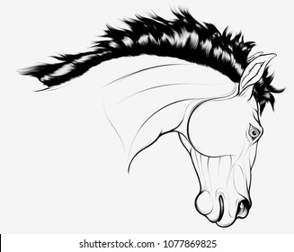 linear portrait of horse with a curved neck. Intense prancing stallion laid his ears back. Three quarter view from behind. Vector clip art, design element for equestrian goods and show jumping clubs.