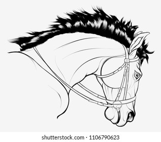 linear portrait of horse with a curved neck. Intense prancing stallion in English bridle with snaffle bit. Vector clip art, design element for cross-country equestrianism and show jumping clubs.