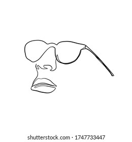 Linear portrait human face in glasses drawn in one continuous line. Minimal linear vector logo design for eyeglass store, vision health clinic, male stylist and hairdresser. 