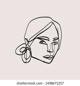 Linear portrait of a model girl with short hair and earrings. One continuous line drawing. Simple vogue beauty concept. Contemporary abstract artwork. 