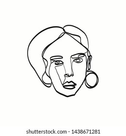 Linear portrait of a model girl with short hair and earrings. One continuous line drawing. Simple vogue beauty concept. Contemporary abstract artwork. 