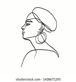 Linear portrait of a model girl with short hair and earrings. One continuous line drawing. Simple vogue beauty concept. Contemporary abstract artwork. 