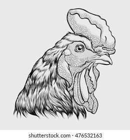 Linear portrait of rooster. Gallinaceous bird. Folklore character and symbol of Chinese horoscope. Vector cock isolated on a light gray background.