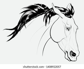 Linear portrait of a wary stallion, laid his ears back. Head of a running steed with fluttering mane. Vector clip art, design element for equestrian goods, racecourses and stud farms.